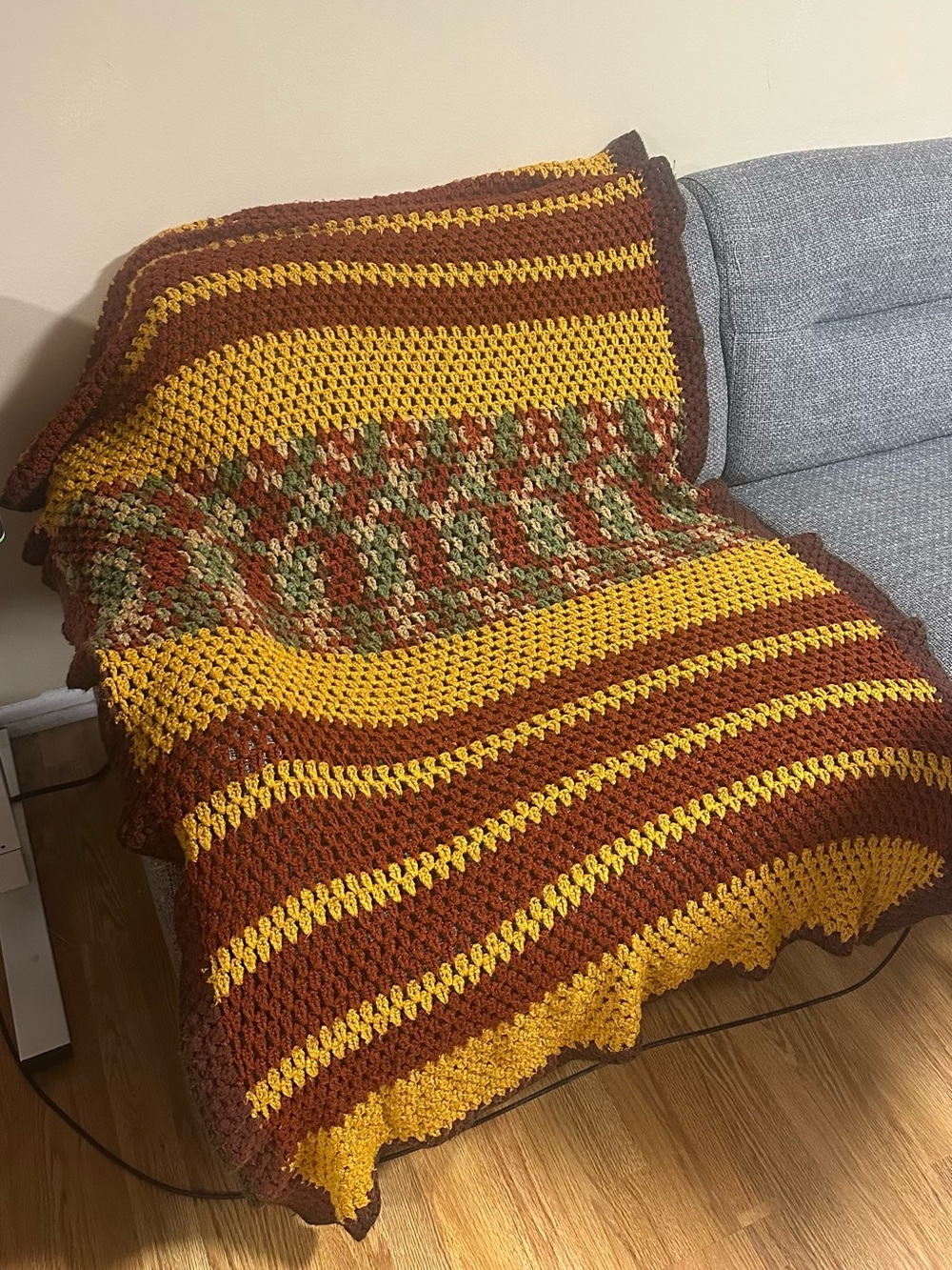 Handmade Crochet Afghan Throw Blanket Brown Mustard Green Retro Decor